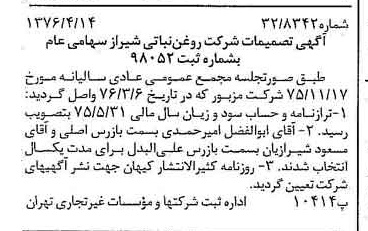 خبر روزنامه رسمی شماره 15251 چاپ شده در تاريخ 1376/04 درباره شرکت روغن نباتی شیراز