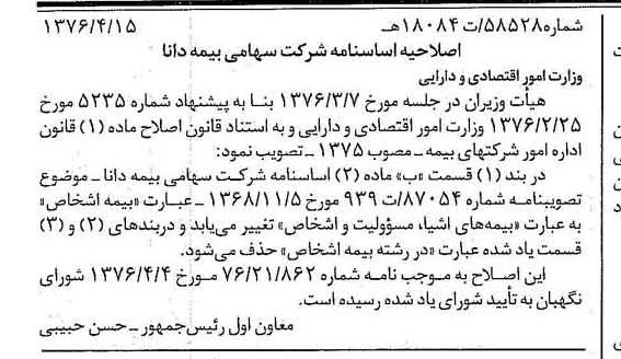خبر روزنامه رسمی شماره 15252 چاپ شده در تاريخ 1376/04 دقت 83 درباره شرکت سهامی بیمه ایران