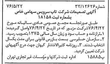 خبر روزنامه رسمی شماره 15286 چاپ شده در تاريخ 1376/06 درباره شرکت تاپ سرویس