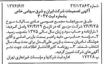 خبر روزنامه رسمی شماره 15297 چاپ شده در تاريخ 1376/06 درباره شرکت سرمایه گذاری ایران و شرق