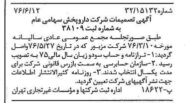 خبر روزنامه رسمی شماره 15304 چاپ شده در تاريخ 1376/06 درباره شرکت دارو پخش