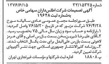 خبر روزنامه رسمی شماره 15305 چاپ شده در تاريخ 1376/06 درباره شرکت اطلس داران
