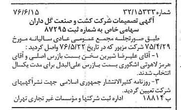 خبر روزنامه رسمی شماره 15305 چاپ شده در تاريخ 1376/06 درباره شرکت کشت وصنعت گلداران