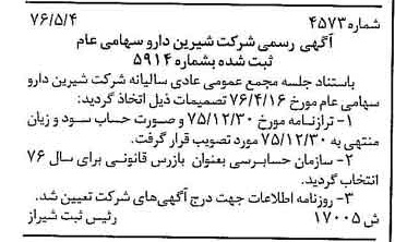 خبر روزنامه رسمی شماره 15320 چاپ شده در تاريخ 1376/07 درباره شرکت شیرین دارو