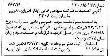 خبر روزنامه رسمی شماره 15332 چاپ شده در تاريخ 1376/07 درباره شرکت ایثار آذربایجان غربی
