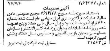 خبر روزنامه رسمی شماره 15346 چاپ شده در تاريخ 1376/08 درباره شرکت تراکتور سازی ایران