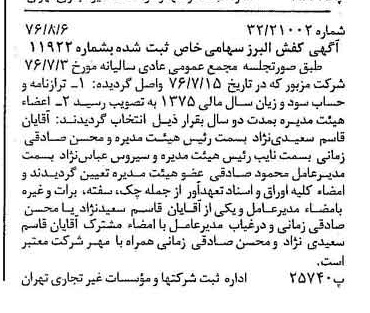 خبر روزنامه رسمی شماره 15350 چاپ شده در تاريخ 1376/08 درباره شرکت کفش البرز