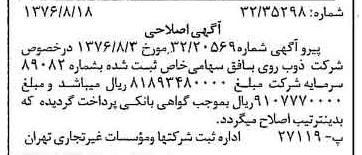 خبر روزنامه رسمی شماره 15358 چاپ شده در تاريخ 1376/08 درباره شرکت ذوب روی بافق