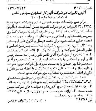 خبر روزنامه رسمی شماره 15367 چاپ شده در تاريخ 1376/09 دقت 100 درباره شرکت آلیاژ کار اصفهان