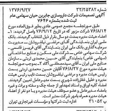 خبر روزنامه رسمی شماره 15392 چاپ شده در تاريخ 1376/10 دقت 97 درباره شرکت داروسازی جابرابن حیان