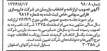 خبر روزنامه رسمی شماره 15393 چاپ شده در تاريخ 1376/10 دقت 96 درباره شرکت دارو سازی فارابی
