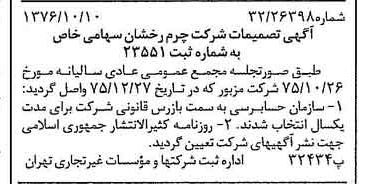 خبر روزنامه رسمی شماره 15406 چاپ شده در تاريخ 1376/10 درباره شرکت چرم رخشان