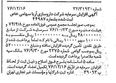 خبر روزنامه رسمی شماره 15455 چاپ شده در تاريخ 1376/12 درباره شرکت داروسازی آریا