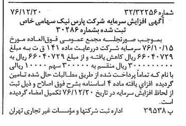 خبر روزنامه رسمی شماره 15458 چاپ شده در تاريخ 1376/12 درباره شرکت پارس نیک