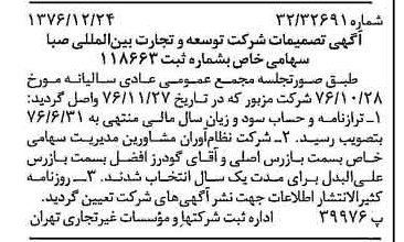 خبر روزنامه رسمی شماره 15464 چاپ شده در تاريخ 1377/01 درباره شرکت توسعه و تجارت بین المللی صبا