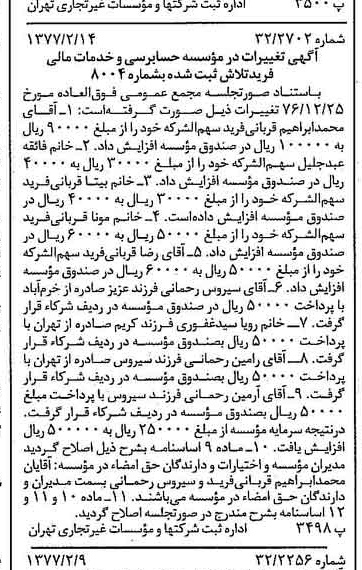 خبر روزنامه رسمی شماره 15496 چاپ شده در تاريخ 1377/02 دقت 89 درباره مؤسسه حسابرسی وخدمات مالی فرید تلاش