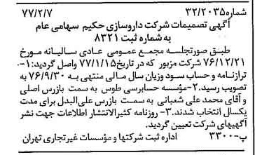 خبر روزنامه رسمی شماره 15496 چاپ شده در تاريخ 1377/02 درباره شرکت دارو سازی حکیم