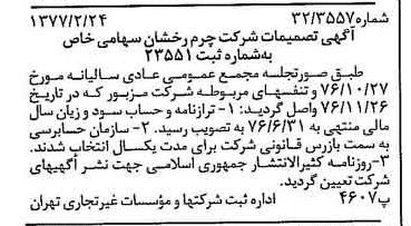 خبر روزنامه رسمی شماره 15505 چاپ شده در تاريخ 1377/03 درباره شرکت چرم رخشان