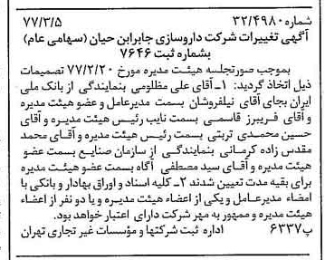خبر روزنامه رسمی شماره 15515 چاپ شده در تاريخ 1377/03 درباره شرکت داروسازی جابرابن حیان