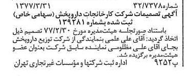 خبر روزنامه رسمی شماره 15534 چاپ شده در تاريخ 1377/04 درباره شرکت کارخانجات دارو پخش
