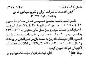 خبر روزنامه رسمی شماره 15580 چاپ شده در تاريخ 1377/06 درباره شرکت سرمایه گذاری ایران و شرق