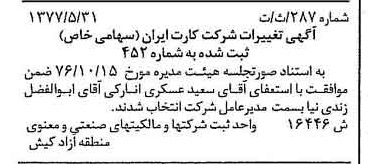 خبر روزنامه رسمی شماره 15587 چاپ شده در تاريخ 1377/06 دقت 100 درباره شرکت کارت ایران