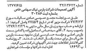 خبر روزنامه رسمی شماره 15591 چاپ شده در تاريخ 1377/06 درباره شرکت پارس نیک