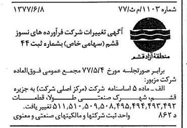 خبر روزنامه رسمی شماره 15596 چاپ شده در تاريخ 1377/06 دقت 100 درباره شرکت فرآورده های نسوز قشم