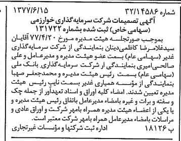 خبر روزنامه رسمی شماره 15600 چاپ شده در تاريخ 1377/06 درباره شرکت گروه سرمایه گذاری خوارزمی
