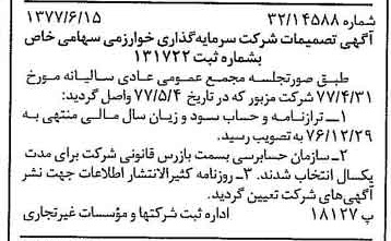 خبر روزنامه رسمی شماره 15600 چاپ شده در تاريخ 1377/06 درباره شرکت گروه سرمایه گذاری خوارزمی