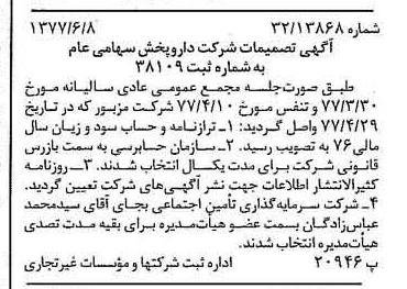 خبر روزنامه رسمی شماره 15618 چاپ شده در تاريخ 1377/07 درباره شرکت دارو پخش