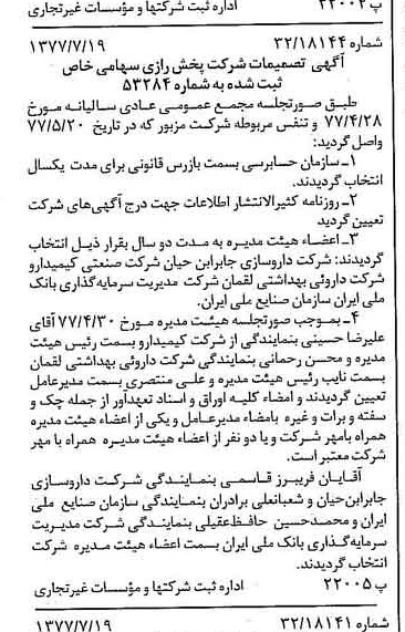 خبر روزنامه رسمی شماره 15626 چاپ شده در تاريخ 1377/07 درباره شرکت پخش رازی