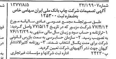 خبر روزنامه رسمی شماره 15642 چاپ شده در تاريخ 1377/08 دقت 85 درباره شرکت چاپ و نشر بانک ملی ایران