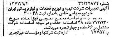 خبر روزنامه رسمی شماره 15666 چاپ شده در تاريخ 1377/09 درباره شرکت تهیه و توزیع قطعات و لوازم یدکی ایران خودرو