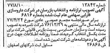 خبر روزنامه رسمی شماره 15666 چاپ شده در تاريخ 1377/09 درباره شرکت دارو سازی فارابی