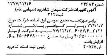 خبر روزنامه رسمی شماره 15754 چاپ شده در تاريخ 1378/01 درباره شرکت سیمان شاهرود