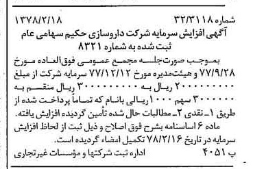 خبر روزنامه رسمی شماره 15792 چاپ شده در تاريخ 1378/02 درباره شرکت دارو سازی حکیم