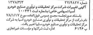 خبر روزنامه رسمی شماره 15806 چاپ شده در تاريخ 1378/03 درباره شرکت مرکز تحقیقات ونواوری صنایع خودرو سایپا