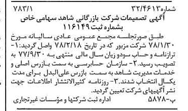 خبر روزنامه رسمی شماره 15807 چاپ شده در تاريخ 1378/03 درباره شرکت بازرگانی شاهد