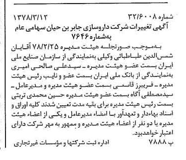 خبر روزنامه رسمی شماره 15822 چاپ شده در تاريخ 1378/04 دقت 95 درباره شرکت داروسازی جابرابن حیان