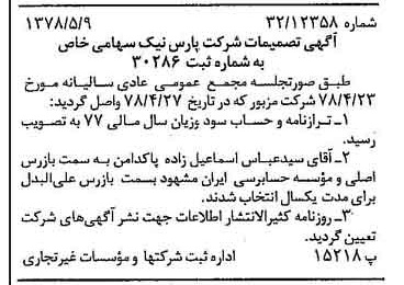 خبر روزنامه رسمی شماره 15861 چاپ شده در تاريخ 1378/05 درباره شرکت پارس نیک