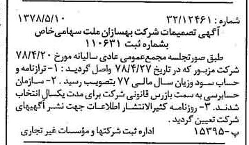 خبر روزنامه رسمی شماره 15864 چاپ شده در تاريخ 1378/05 درباره شرکت بهسازان ملت