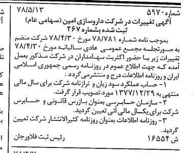 خبر روزنامه رسمی شماره 15873 چاپ شده در تاريخ 1378/06 درباره شرکت داروسازی امین