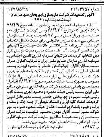 خبر روزنامه رسمی شماره 15880 چاپ شده در تاريخ 1378/06 درباره شرکت داروسازی ابوریحان