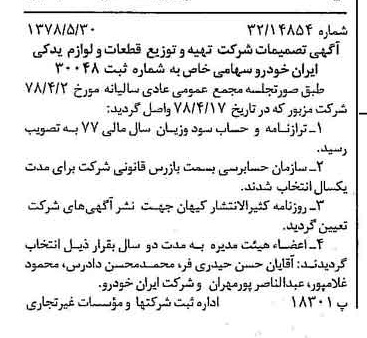خبر روزنامه رسمی شماره 15880 چاپ شده در تاريخ 1378/06 درباره شرکت تهیه و توزیع قطعات و لوازم یدکی ایران خودرو