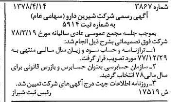 خبر روزنامه رسمی شماره 15884 چاپ شده در تاريخ 1378/06 درباره شرکت شیرین دارو