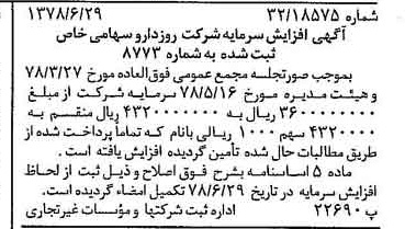 خبر روزنامه رسمی شماره 15905 چاپ شده در تاريخ 1378/07 درباره شرکت روزدارو