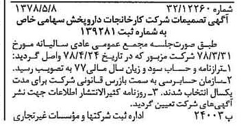 خبر روزنامه رسمی شماره 15913 چاپ شده در تاريخ 1378/07 درباره شرکت کارخانجات دارو پخش