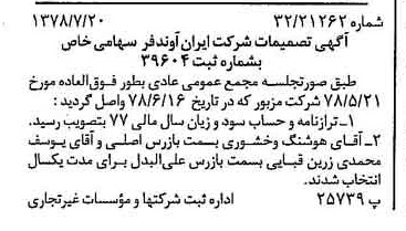 خبر روزنامه رسمی شماره 15922 چاپ شده در تاريخ 1378/08 درباره شرکت ایران آوند فر