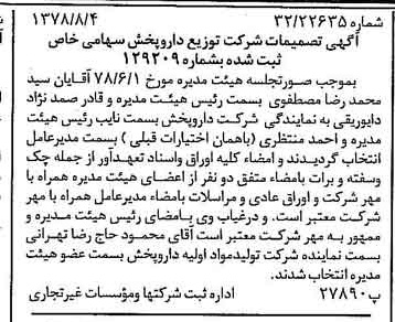 خبر روزنامه رسمی شماره 15934 چاپ شده در تاريخ 1378/08 درباره شرکت توزیع دارو پخش
